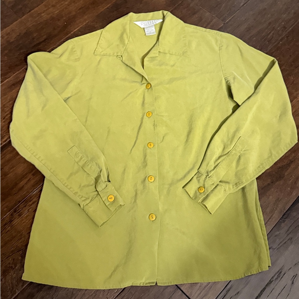 Vintage Petite Sophisticate Green 100% Silk Button-Up Long Sleeve Shirt 2P
